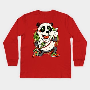 Panda running carrying bamboo Kids Long Sleeve T-Shirt